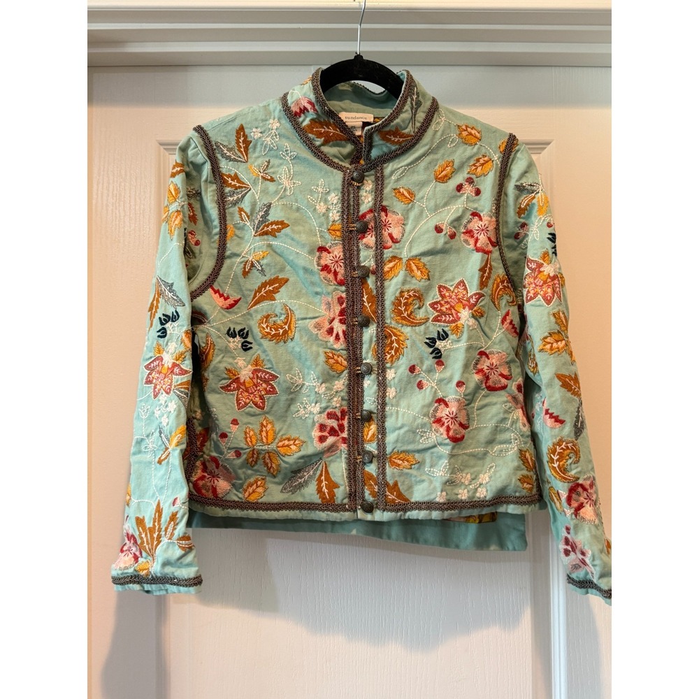Sundance Embroidered Floral Jacket Turquoise Cotton Mandarin Collar Boho PS